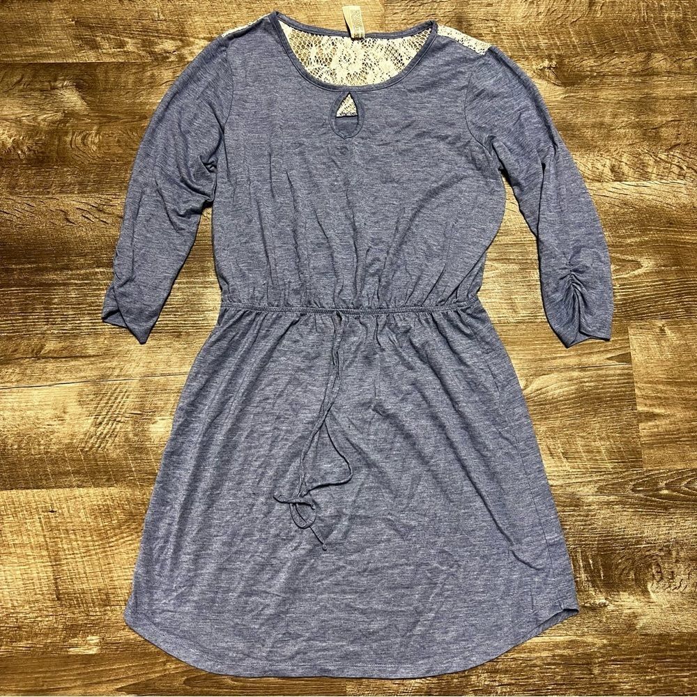 Women's Blue Lace-Accent Drawstring Dress